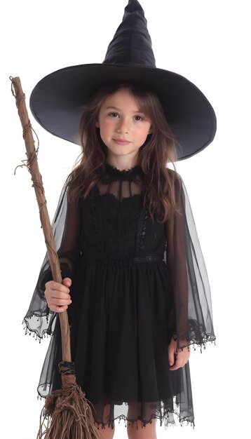 Photo a young girl in a witch hat holds a stick with a tree branch