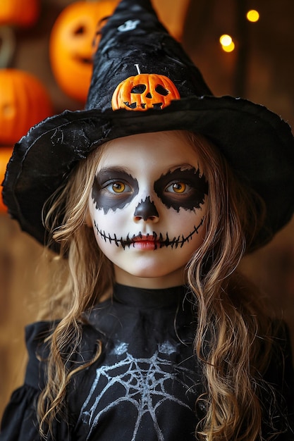 Young girl in a witch hat poses with spooky halloween makeup