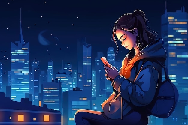 Young girl with backpack looking at a phone on a city night background Cartoon style Generated ai