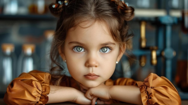 A young girl with big green eyes and brown hair dresses as a physics professor in a lab