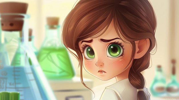 A young girl with big green eyes and brown hair dresses as a physics professor in a lab