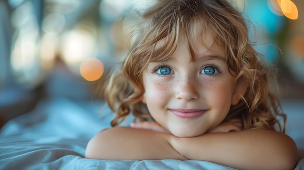 Young Girl With Blonde Curly Hair Smiles at the Camera