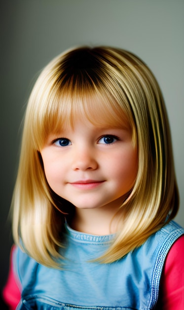 A young girl with blonde hair and blue eyes is looking at the camera