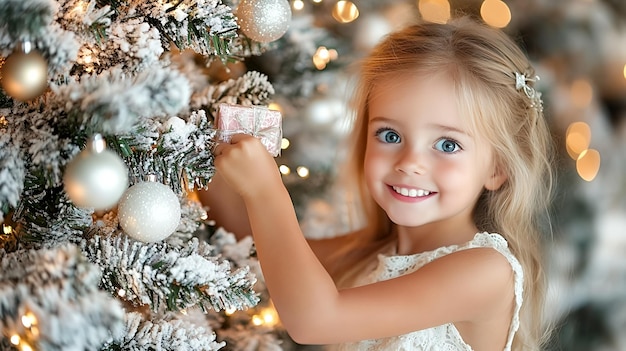 A young girl with blonde hair and blue eyes smiles as she decorates a Christmas tree with ornaments and lights