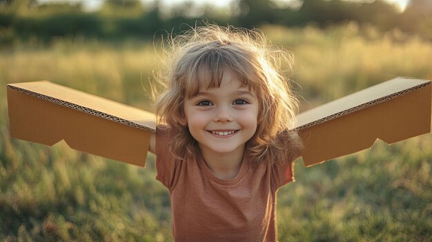 Photo a young girl with blonde hair smiles while holding cardboard wings