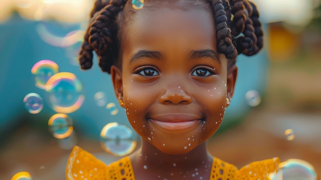 Young Girl With Blue Eyes and Curly Hair Surrounded by Bubbles