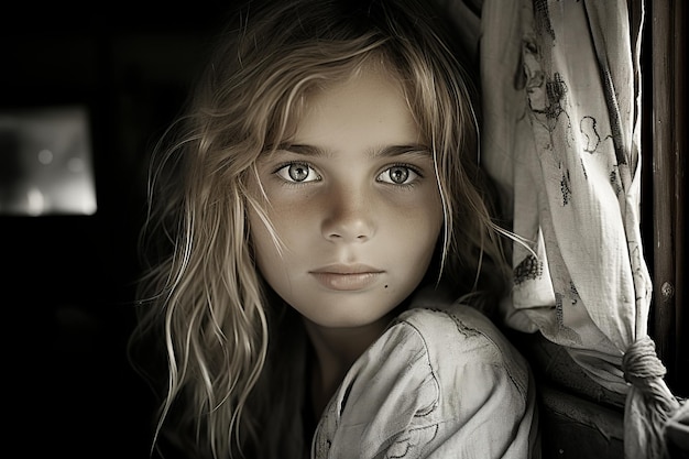 a young girl with blue eyes looking out the window