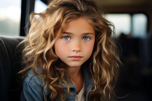 a young girl with blue eyes sitting on a bus