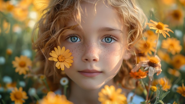 Young Girl With Blue Eyes Surrounded by Yellow Flowers in a Field