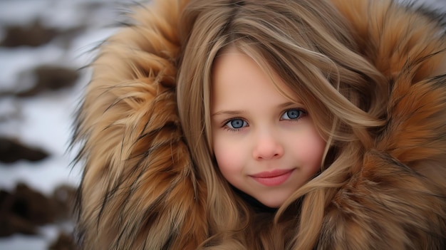 A young girl with blue eyes wearing a fur coat