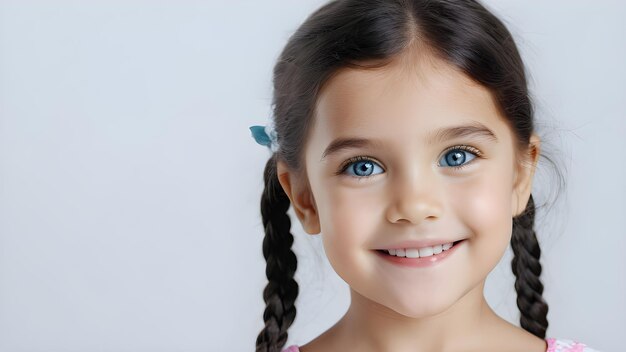 a young girl with blue eyes wearing a pink shirt and a blue ribbon in the hair