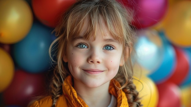 a young girl with blue eyes and a yellow shirt with a smile on her face