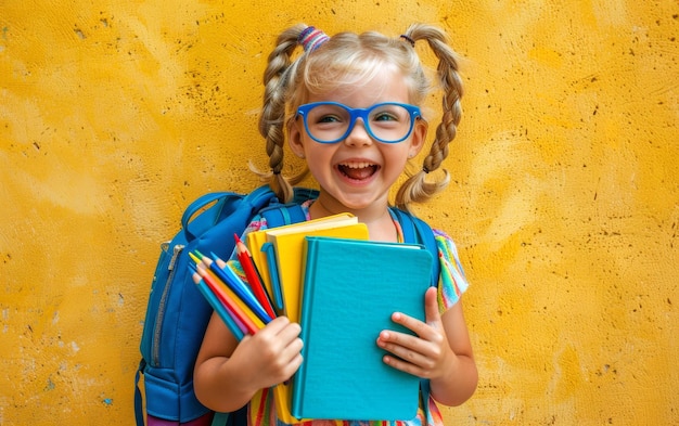 Young girl with blue glasses holding colorful school supplies against a bright yellow background