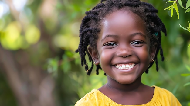 A young girl with braids smiles brightly