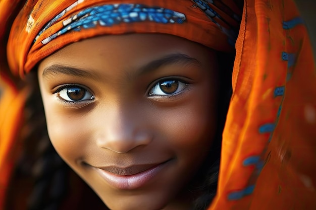 A young girl with a bright orange headdress smiles for the camera.