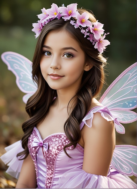 Photo a young girl with a butterfly wings on her head