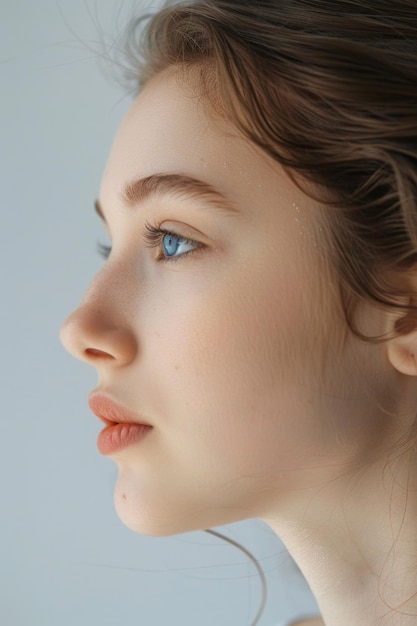 young girl with clear skin in profile on a Light background closeup Generative AI