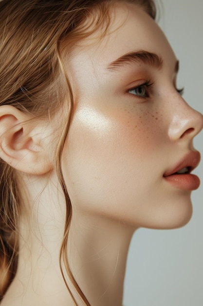 young girl with clear skin in profile on a Light background closeup Generative AI