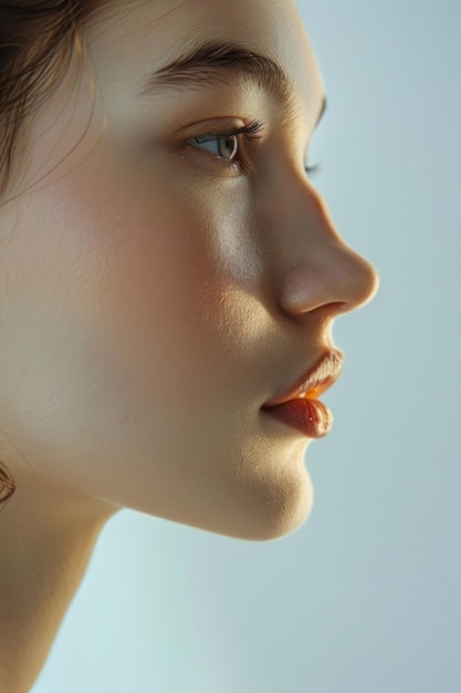 young girl with clear skin in profile on a Light background closeup Generative AI