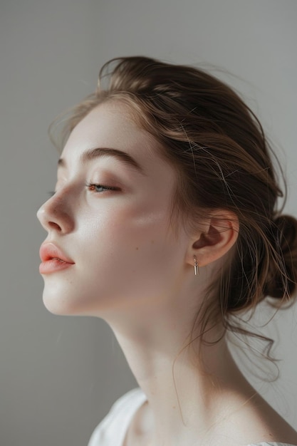 young girl with clear skin in profile on a Light background closeup Generative AI