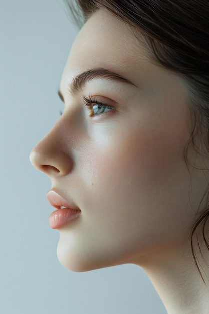 young girl with clear skin in profile on a Light background closeup Generative AI