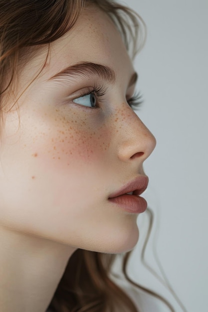 young girl with clear skin in profile on a Light background closeup Generative AI