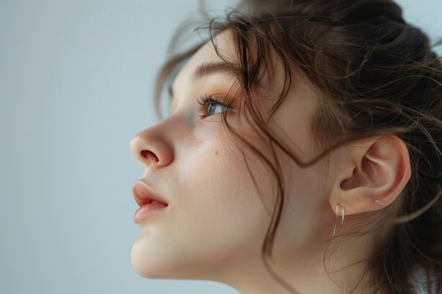 young girl with clear skin in profile on a Light background closeup Generative AI