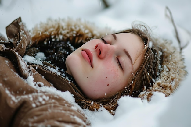 Young girl with closed eyes lies in the snow her face peaceful Snowflakes decorate her hair and winter coat Her cheeks are rosy from the cold