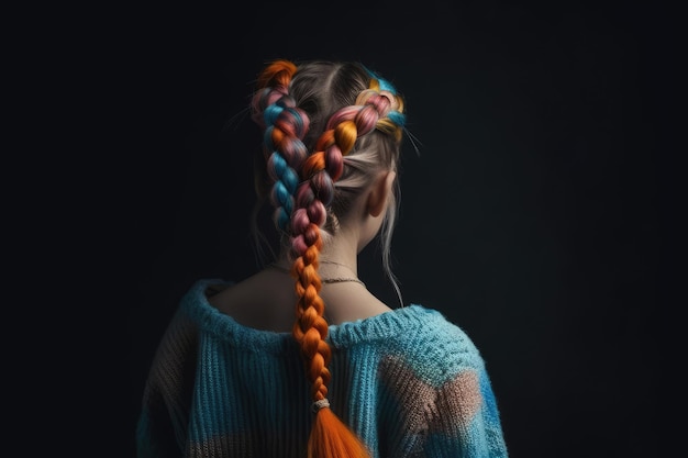 Young Girl With Colorful Braids In Her Hair Back View Generative AI