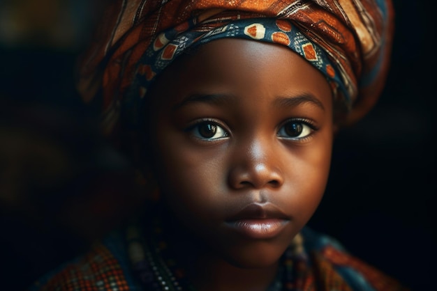 A young girl with a colorful headdress and a scarf on her head.