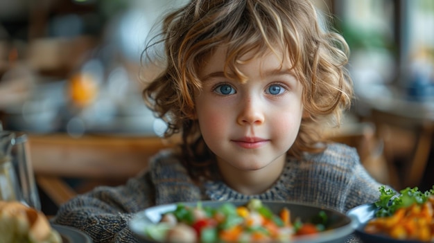 Young girl with curly hair sitting at a table with food