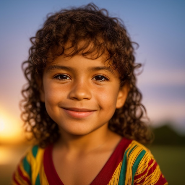 A young girl with curly hair smiles at the camera.