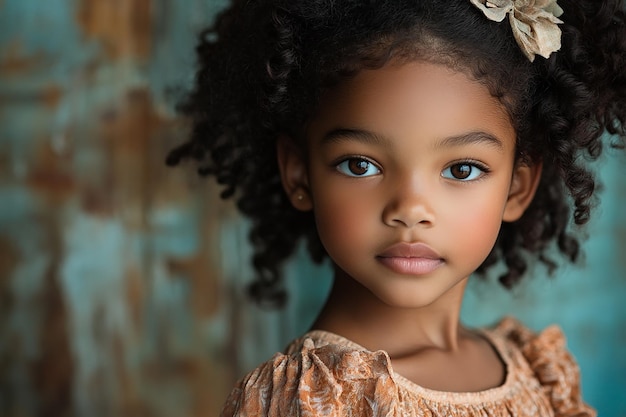 Photo a young girl with curly hair wearing a headband and a floral headband