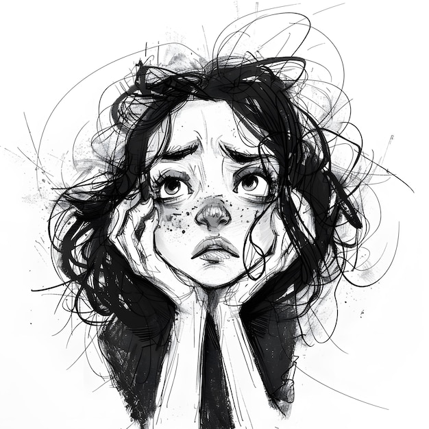 Young girl with disheveled hair resting her chin on her hands Her facial expression reflects deep