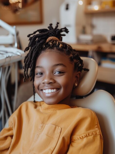 Young girl with dreadlocks is sitting in chair with smile on her face