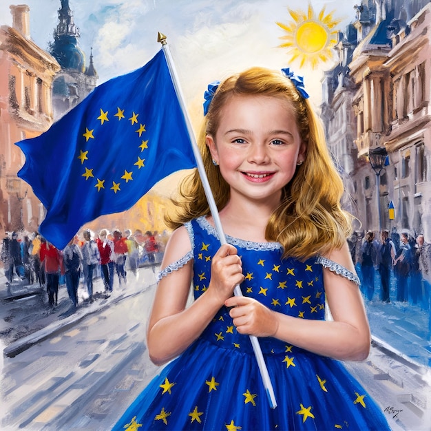 Young Girl with European Flag in Historic Cityscape