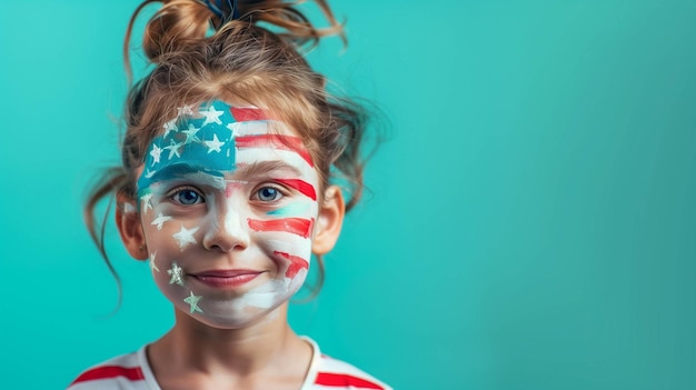 young girl with a face painted in American flag colors against a solid background