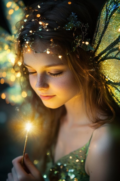 Photo a young girl with fairy wings holds a glowing wand surrounded by magical lights