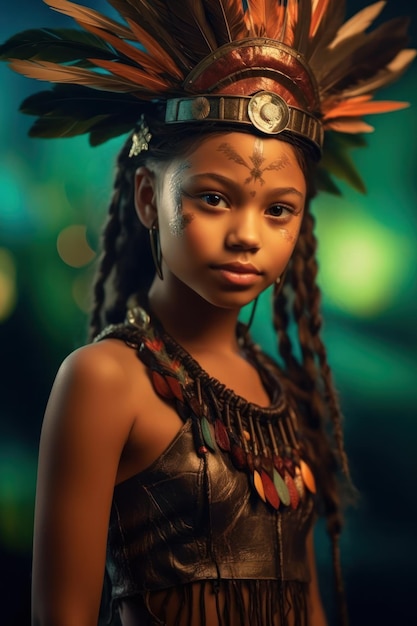 A young girl with a feather headdress and a face painted in gold and black.