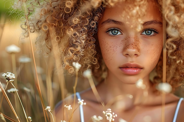 a young girl with freckles and freckles is standing in a field of tall grass