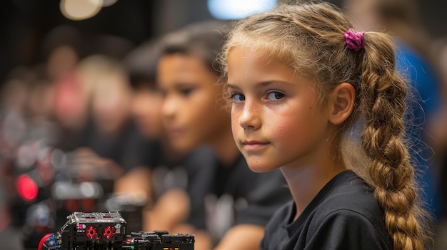 A young girl with freckles looks intensely at the camera as she learns about STEM in a classroom