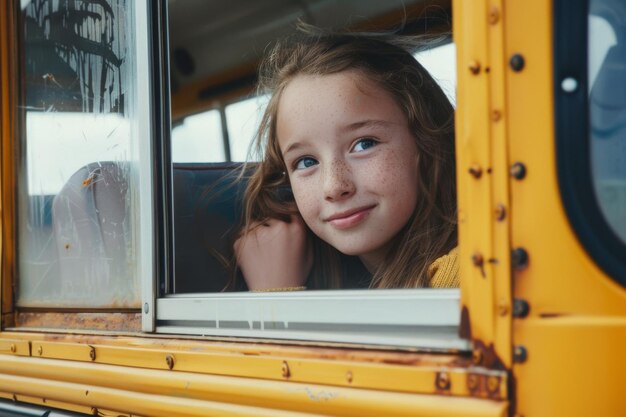 Photo a young girl with freckles looks out of a school bus window smiling wistfully amid a backdrop of soft light and yellow bus interior