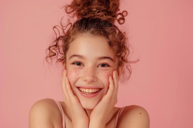 Photo a young girl with freckles smiling for the camera