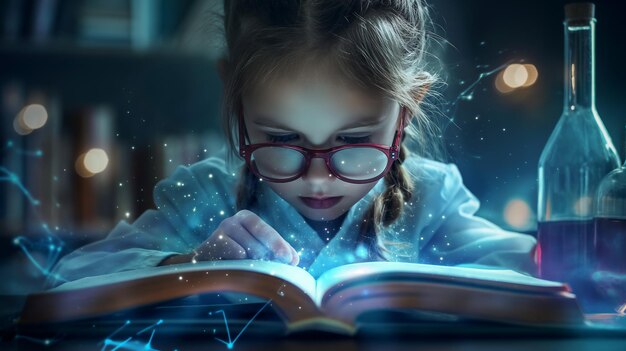 A young girl with glasses intently reading a glowing book in a dimly lit room with sparks of magic a