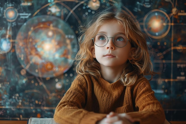 A young girl with glasses sits lost in thought surrounded by cosmic diagrams