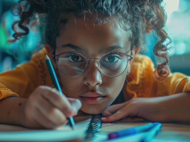 Young girl with glasses writing notes suitable for educational or personal use