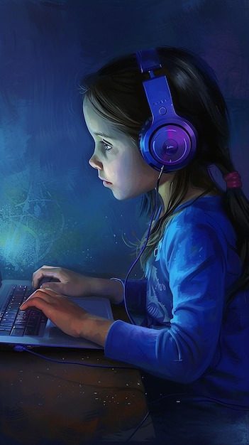 Young girl with headphones using a laptop