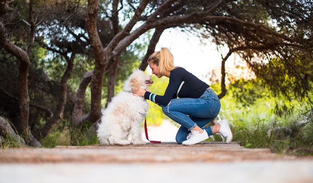 Young girl with her dog in a park