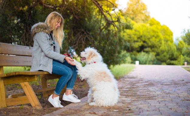 Young girl with her dog in a park