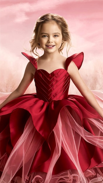 a young girl with an innocent expression adorned in a stunning red dress